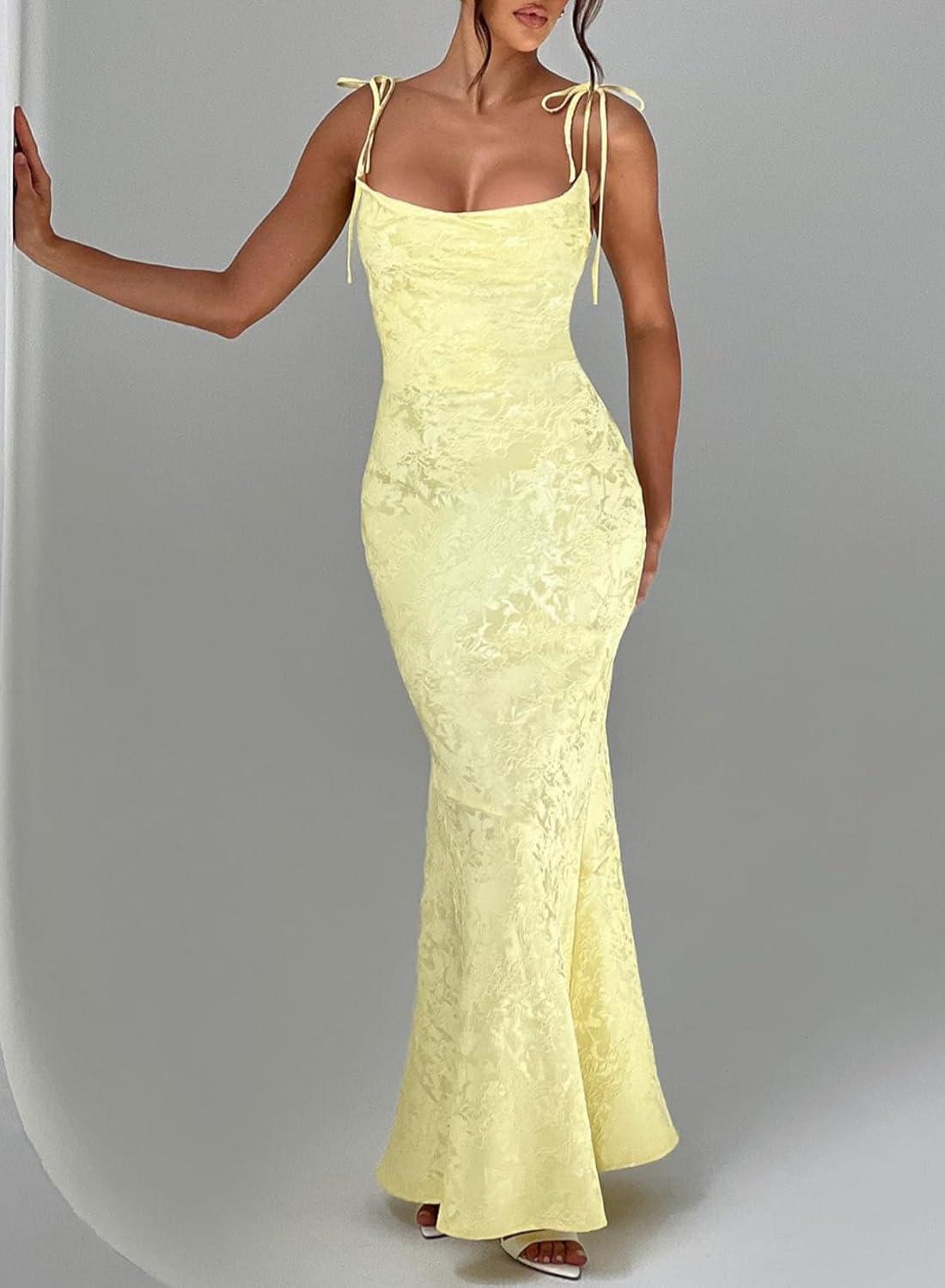 imagemeilun Sleeveless Printed Halter Neck Dress Backless HipExposing Fishtail Maxi DressYellow