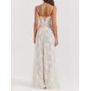 French Lace Maxi Dress Strappy Slim Square Neck Delicate Jacquard Maxi Dress(White)