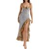 meilun Ruffle Maxi Dress Off-Shoulder High-Slit Sexy Party Fitted Strapless Dress(Grey)