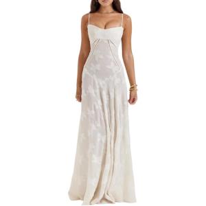 French Lace Maxi Dress Strappy Slim Square Neck Delicate Jacquard Maxi Dress(White)