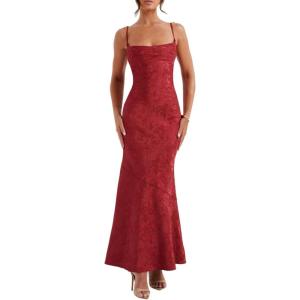 meilun Sleeveless Printed Halter Neck Dress Backless Hip-Exposing Fishtail Maxi Dress(Red)