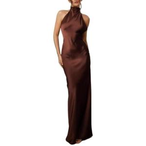 meilun Tie-Neck Maxi Dress Fitted Waist Elegant Evening Gown Luxury Party Dress(Coffee)