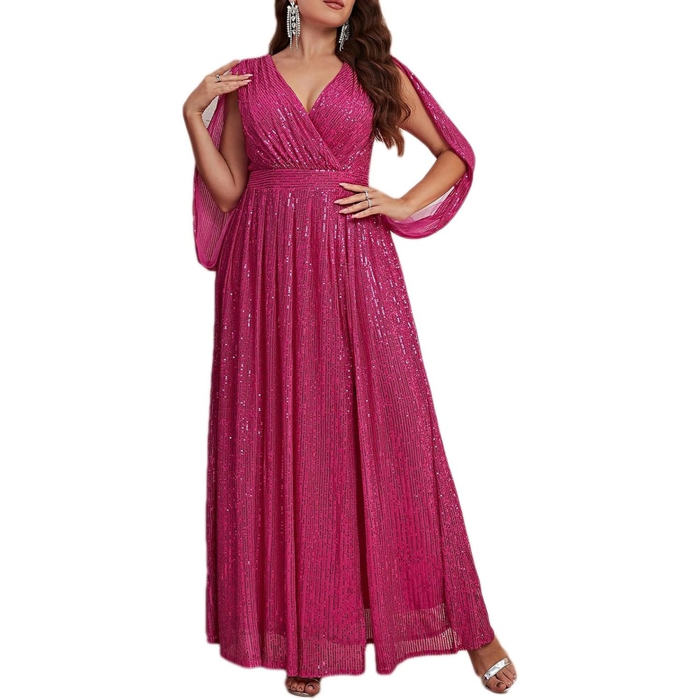image:imagePlus Size Sequins Dress Flare Sleeve V Neck Maxi Dress Side Split Formal Prom Eevening Gowns