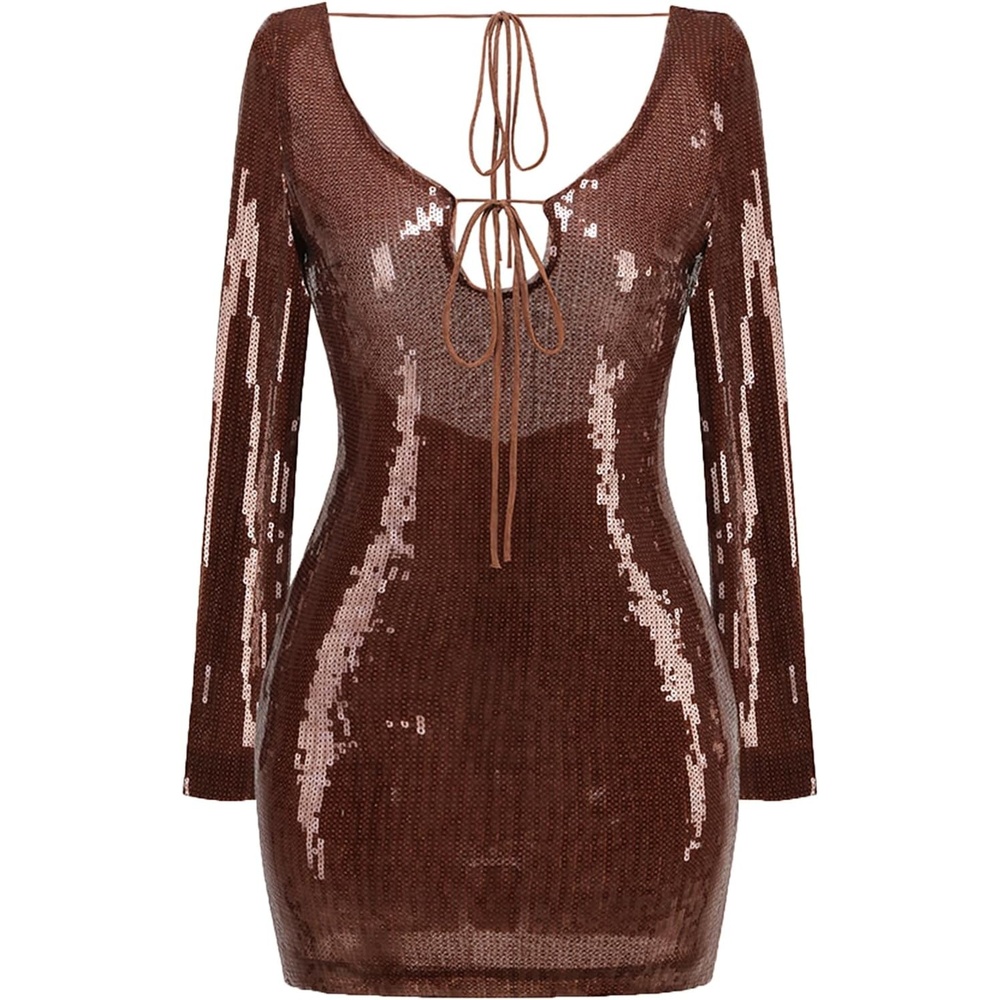 image:imagemeilun Deep V Dress Sequin Dresses with Drawstring Long Sleeve Evening Dress for Women Short Gown