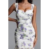 meilun Elegant Cinched Sleeveless Floral Print Chiffon Holiday Mini Dress(White)