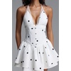 meilun Tailored V Neck Sleeveless Polka Dot Woven Mini Casual Dress(White)