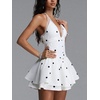 meilun Tailored V Neck Sleeveless Polka Dot Woven Mini Casual Dress(White)