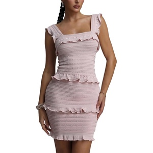 Romantic Contour Sleeveless Ruffle Knit Top and Skirt Two Piece Set(Pink)
