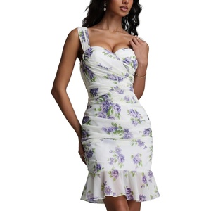 meilun Elegant Cinched Sleeveless Floral Print Chiffon Holiday Mini Dress(White)