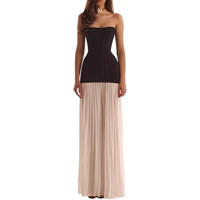 image:imagemeilun BlackampWhite Dress with A Pleated Skirt Parisienne Bridal Banquet Haute Couture GownBlack