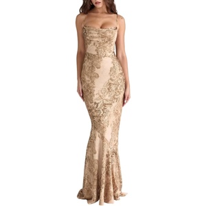 meilun Gold Patterned Satin Maxi Dress Evening Gala Fishtail Bridesmaid Dress(Gold)